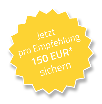 Gelber Button mit Text Jetzt pro Empfehlung 150 EUR sichern
